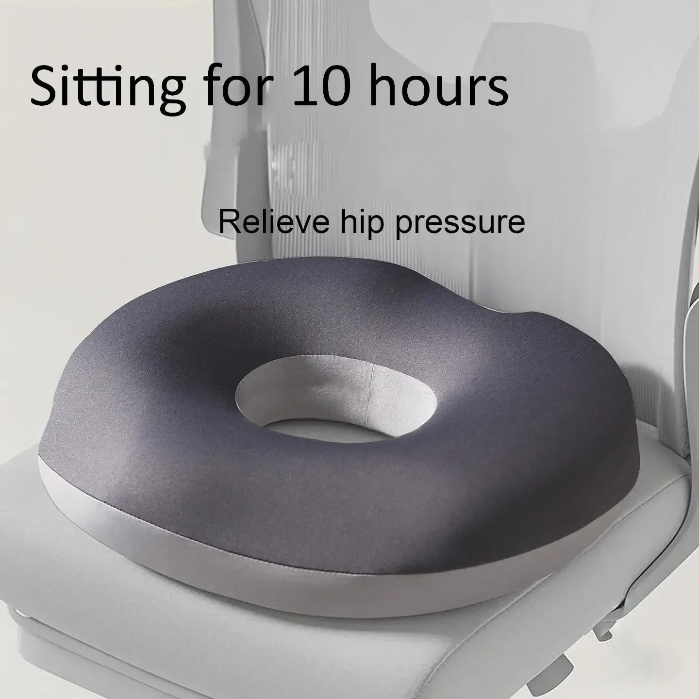 Ergonomic memory foam seat cushion designed to relieve hip pressure for long hours of sitting in car or office.