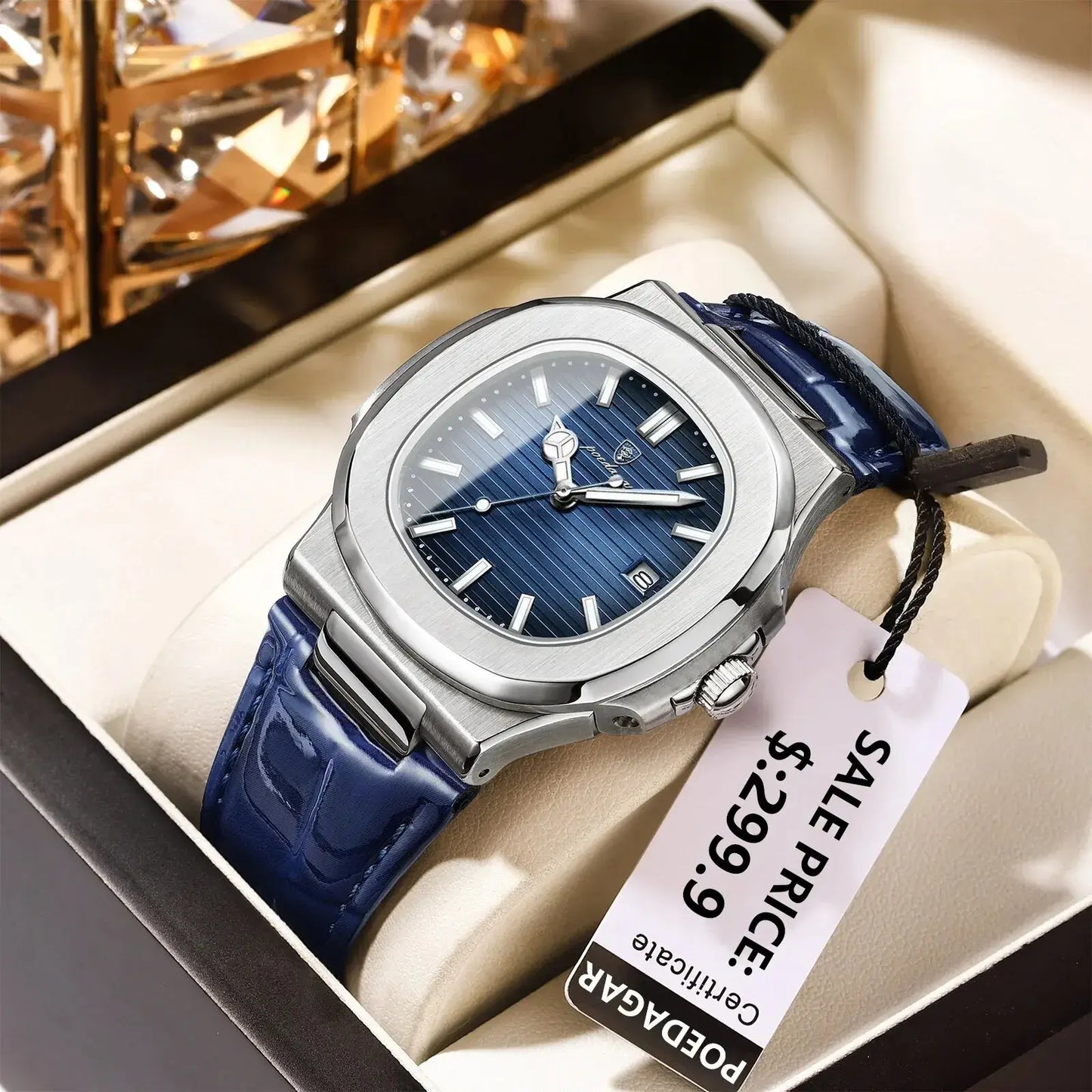 POEDAGAR luxury square men's watch with blue leather strap, date display, and silver case, presented in a gift box.