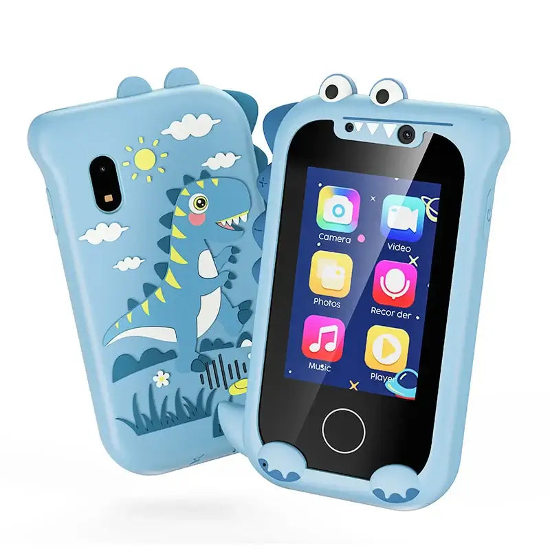 Kids smart phone toy with dinosaur design, featuring touch screen, camera, and educational apps for children.