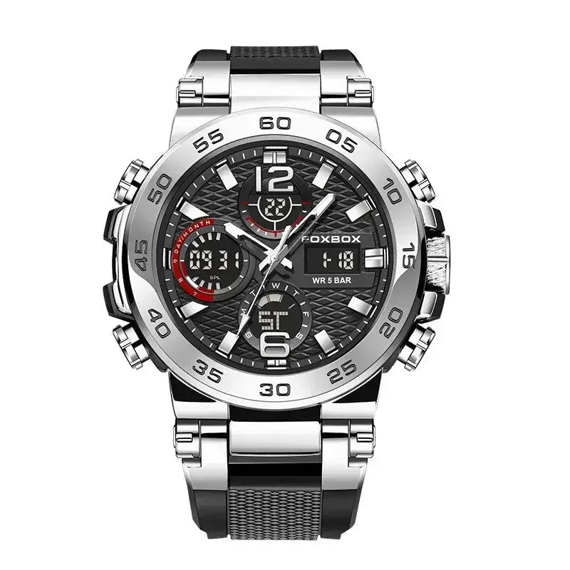 FOXBOX men's luxury sport watch, waterproof, chronograph with luminous hands and stainless steel case.