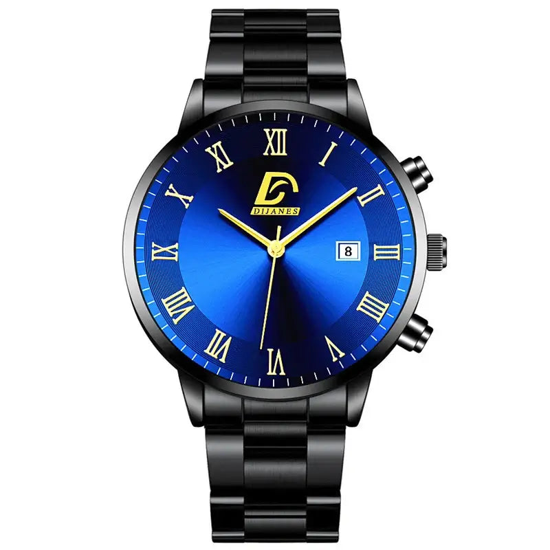 Fashionable men's stainless steel watch with blue dial and Roman numerals, featuring a calendar display and quartz movement.
