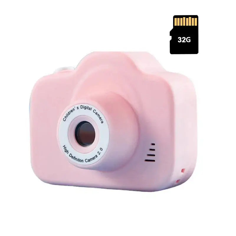 Kids digital camera in pink with 32GB memory card, 2.0-inch display and HD quality for children’s photography adventures.