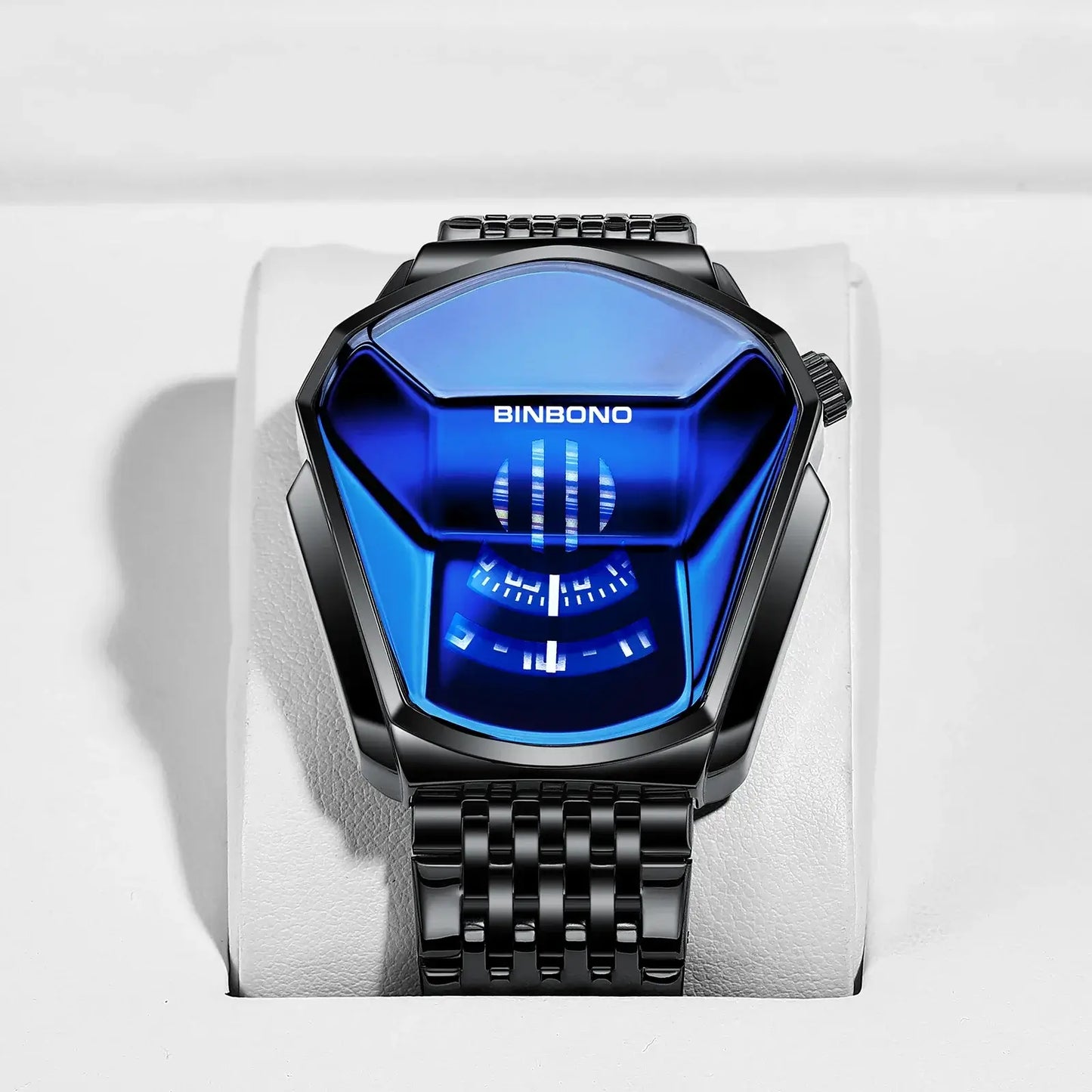 BINBOND luxury men's wrist watch with blue dial and stainless steel band on display. Trendy quartz design for fashion enthusiasts.