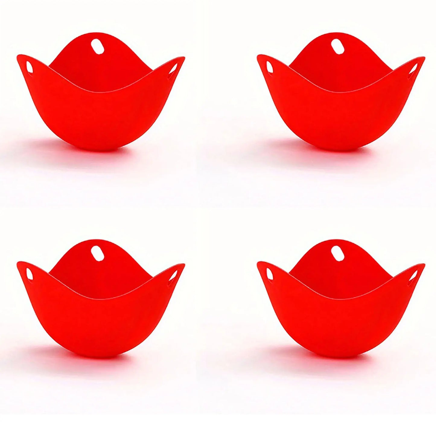 Red silicone egg poacher cups for microwave, air fryer, and stovetop cooking, set of four.