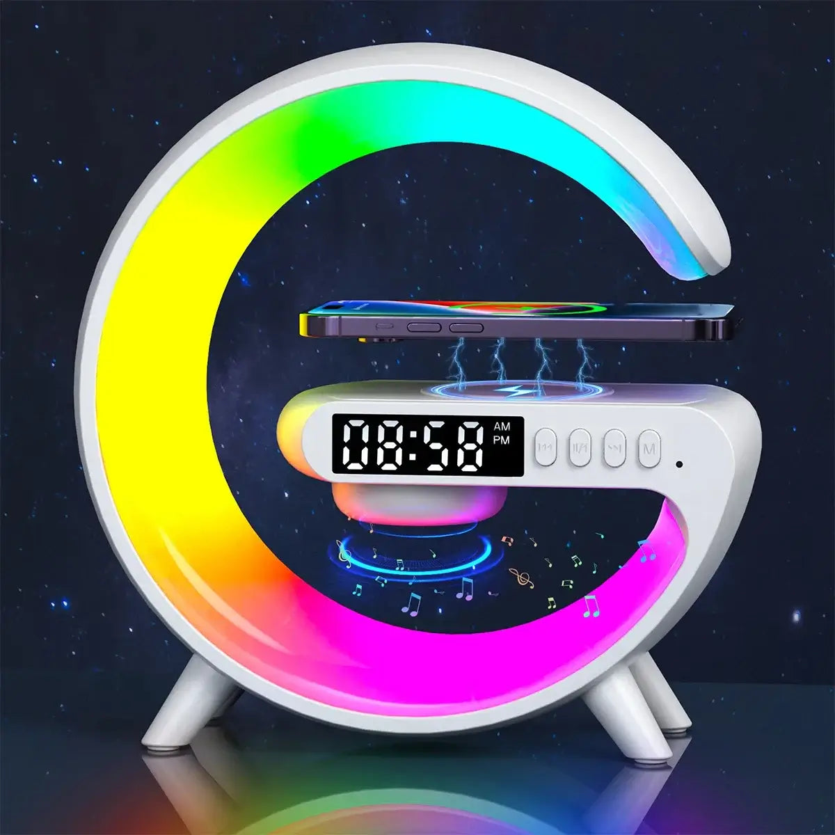 15W Wireless Charger Station Multifunction RGB Desk Lamp Alarm Clock Speaker.