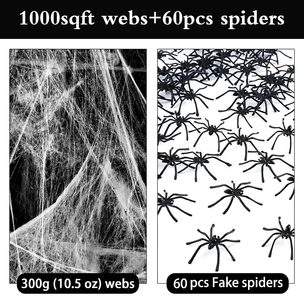 1000 sqft Halloween Spider Webs With 60pcs Spiders Super Stretch Cobwebs Halloween Decorations Indoor and Outdoor Party Supplies