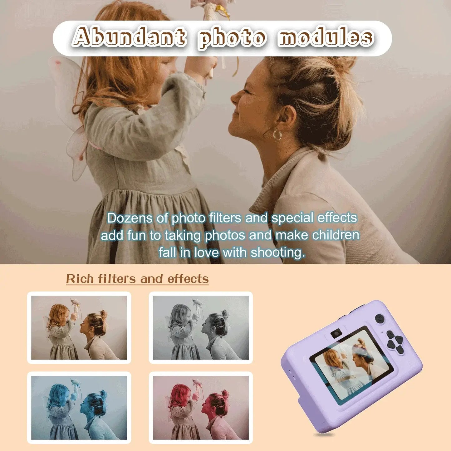 Kids enjoy taking photos with a fun instant print camera featuring various filters and effects for creative photography.