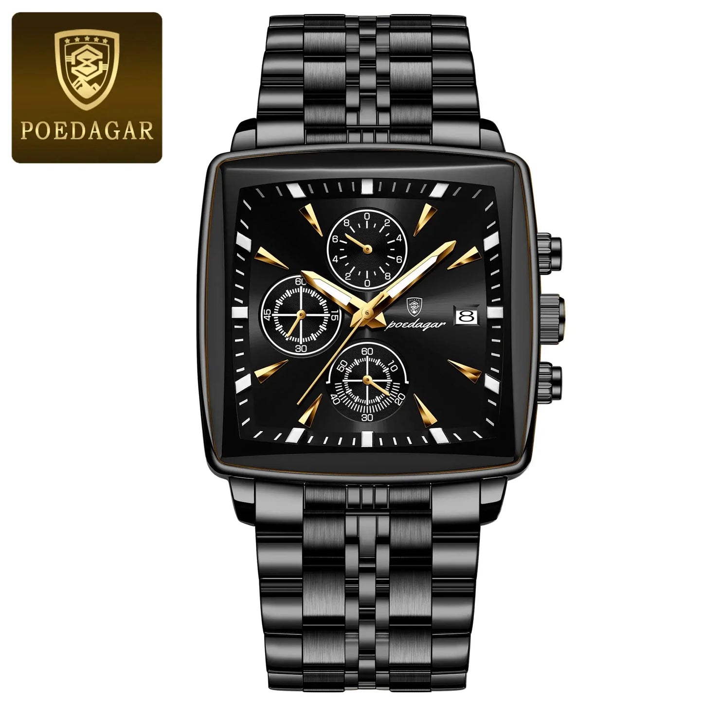 POEDAGAR luxury square sport wristwatch with luminous chronograph features and stainless steel band. Waterproof design.