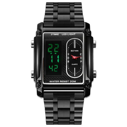 luxury stainless steel men's wrist watch with dual display and LED light features