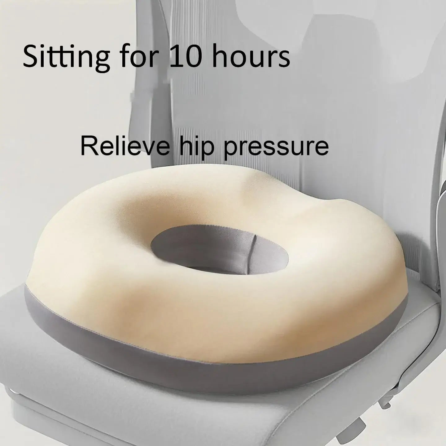 Ergonomic memory foam seat cushion designed to relieve hip pressure, ideal for long sitting in car or office.