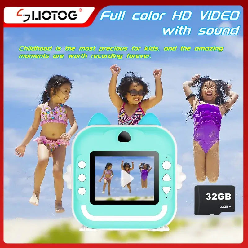 Children's digital camera with full color HD video, 32GB memory, and kids playing on a beach in the background.