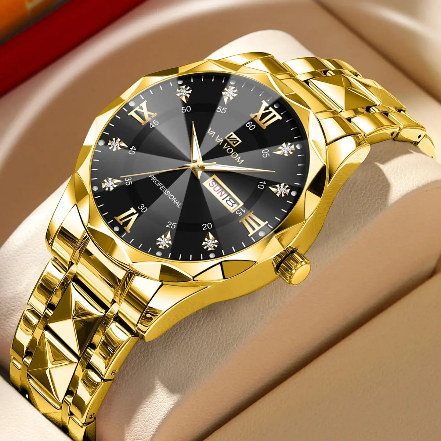 Luxury gold men’s watch with black dial and diamond accents, featuring double calendar and quartz movement. Stylish and elegant.