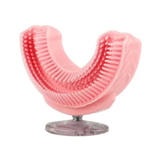 Kids U-shaped sonic toothbrush in pink, made of food-grade silicone, designed for effective teeth cleaning and fun for children.