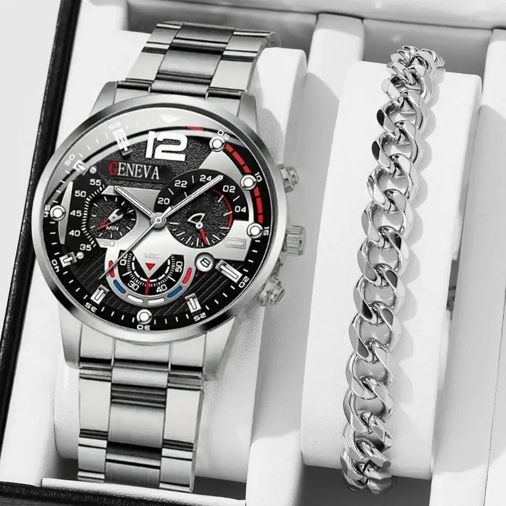Men's stainless steel luxury watch with black dial and chronograph, displayed alongside a silver chain bracelet.