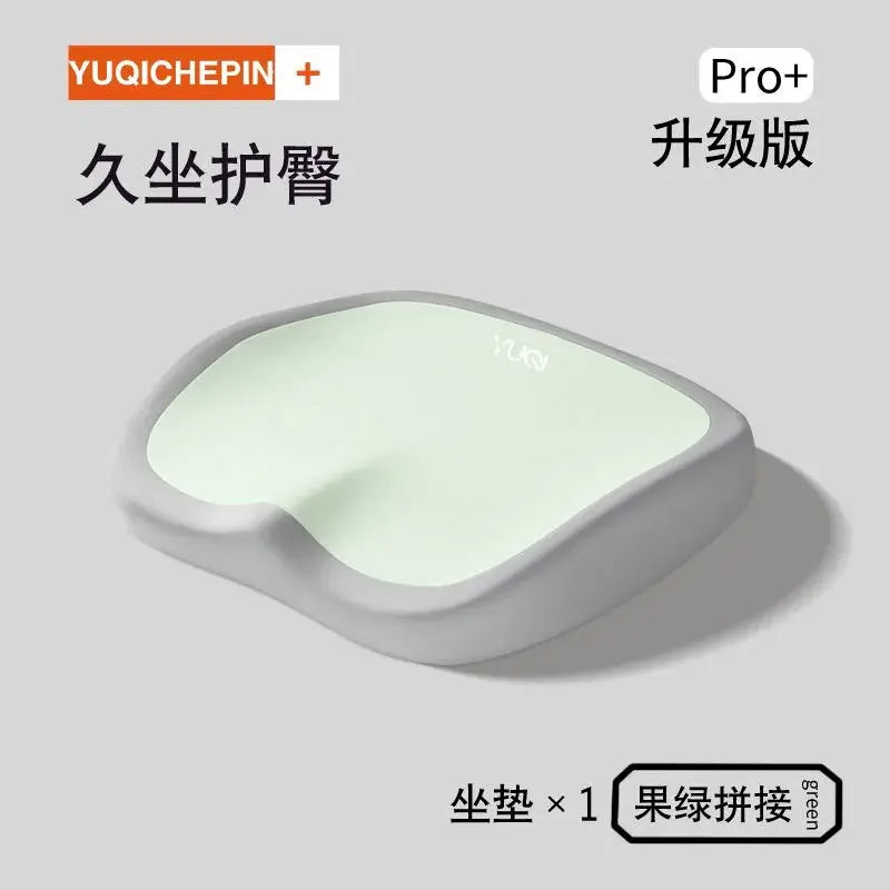Ergonomic memory foam seat cushion in green for hip pressure relief, designed for car, office, and student use.