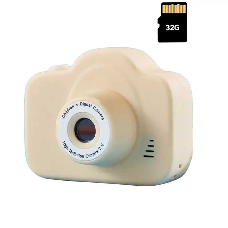 Kids digital camera in cream color with 32GB memory card, perfect for children's photography and fun birthday gifts.