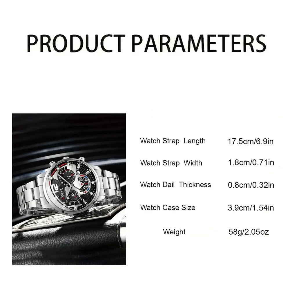 Stylish men's stainless steel watch with detailed product parameters and specifications for luxury and business use.