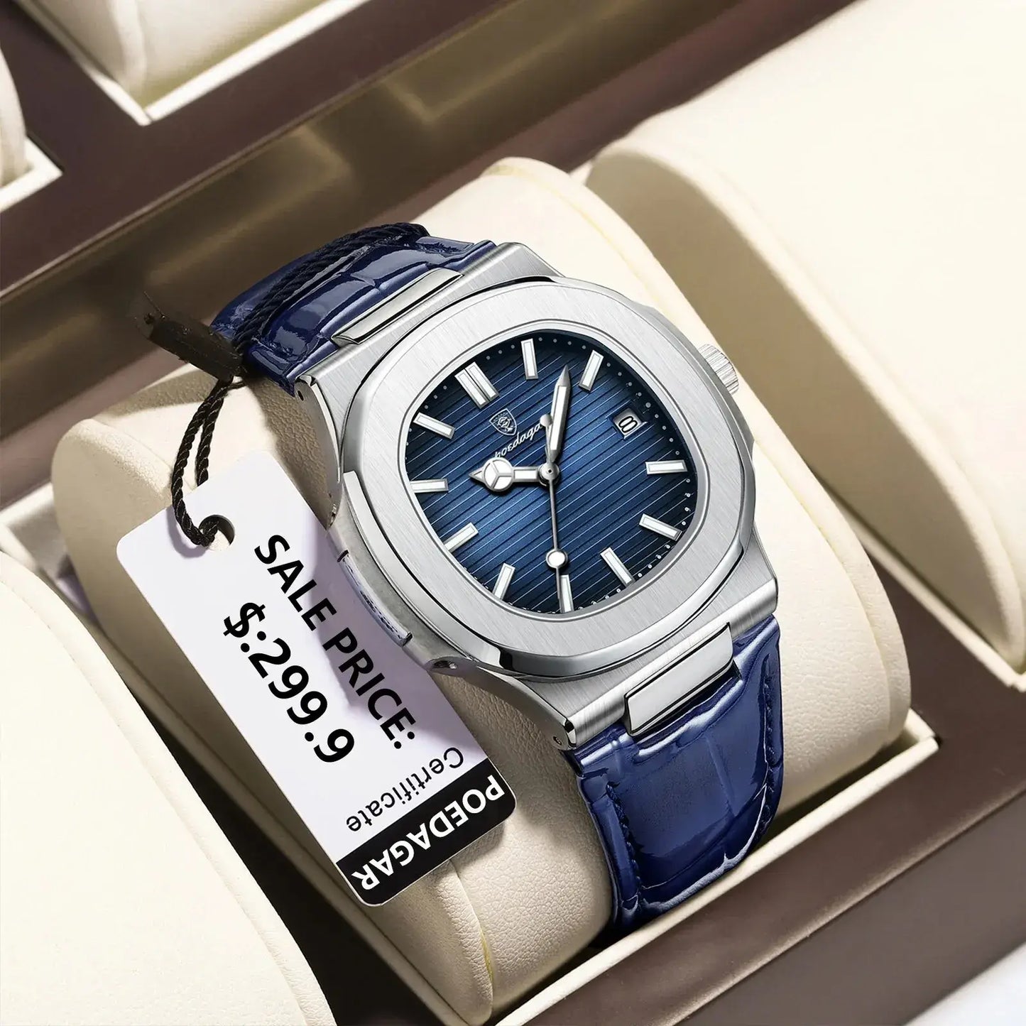 POEDAGAR luxury square men's watch with blue dial, leather strap, and sale tag priced at $299.9 in a display box.