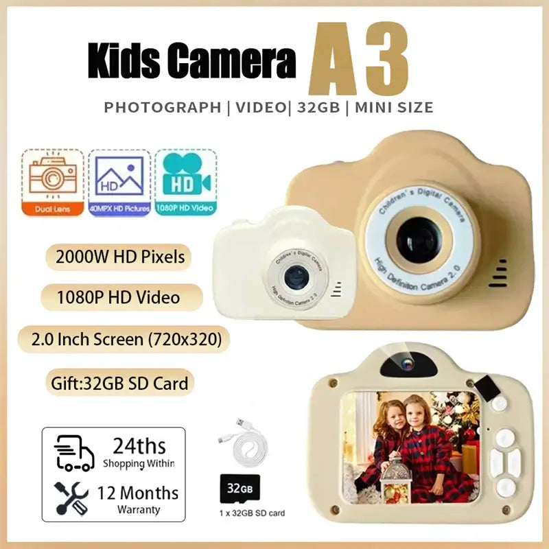 Kids digital camera A3 with dual lenses, 2000W pixels, 1080P video, 2.0-inch screen, includes 32GB SD card.