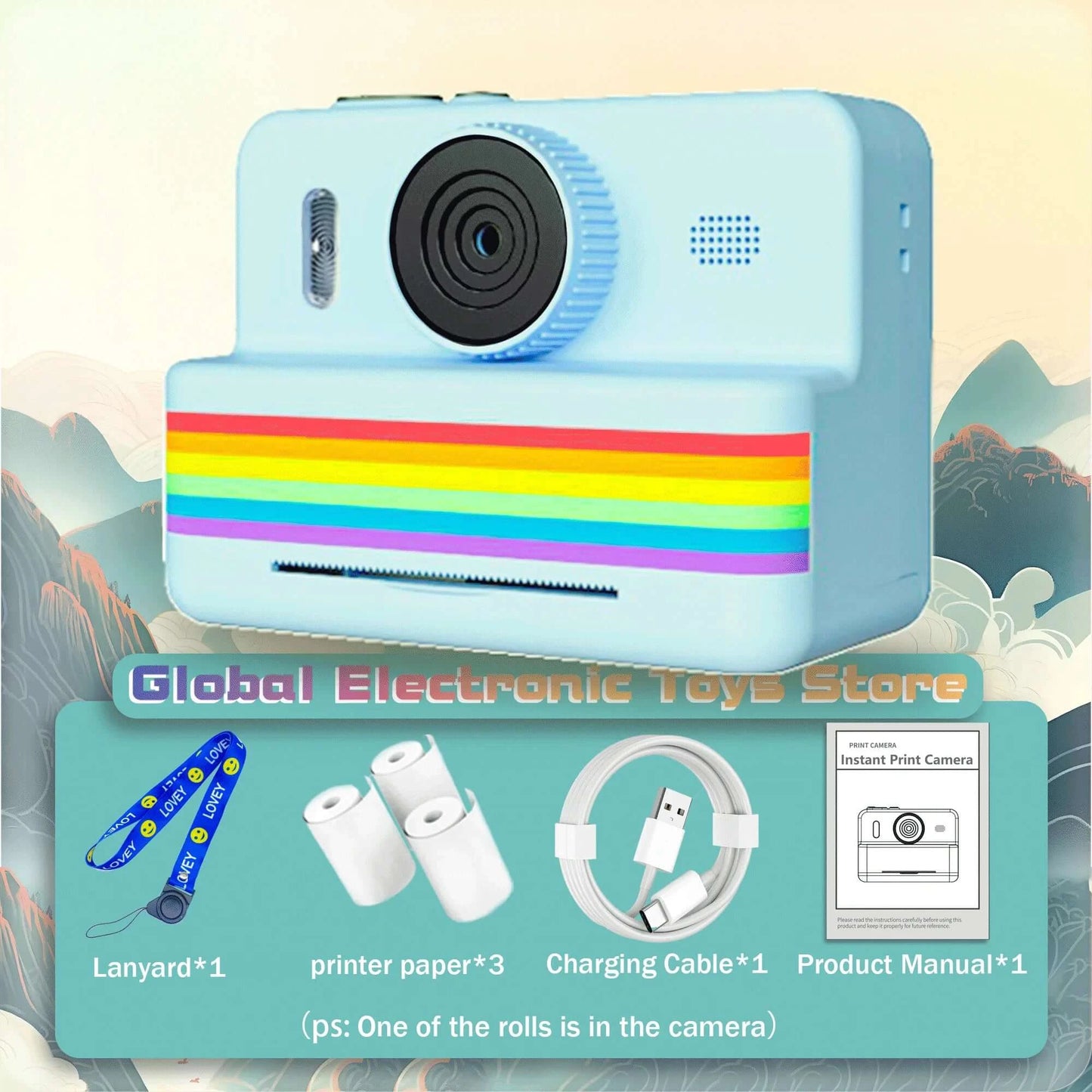 2.8 inch instant print camera for kids in blue, featuring accessories like lanyard, printer paper, charging cable, and manual.