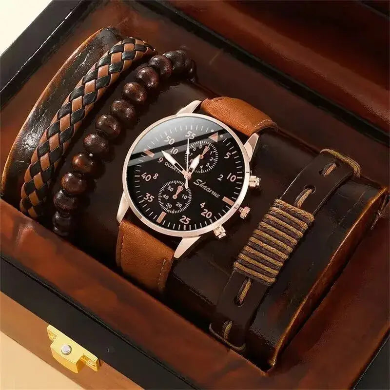 Luxury brown leather quartz watch with stylish bracelet set in a wooden display box. Perfect gift for men.