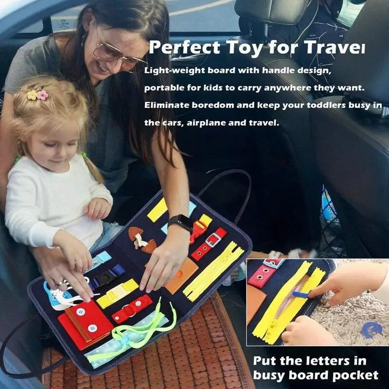 Mom and child playing with Montessori busy board toy in car, promoting travel-friendly design and fine motor skill development.