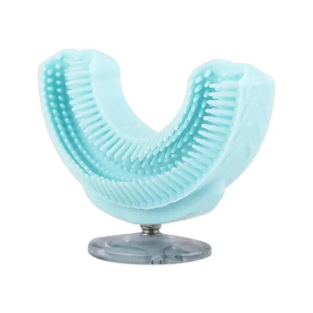 Kids U-shaped sonic electric toothbrush head in light blue silicone material with bristles for effective teeth cleaning.