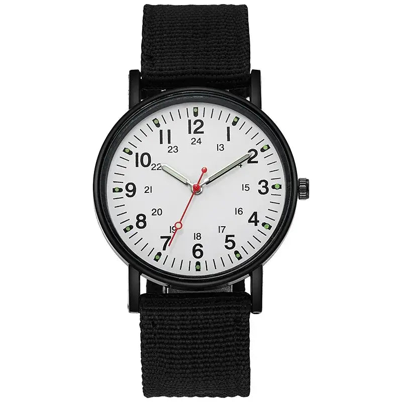 Men's black nylon strap wristwatch with white dial and luminous hands, perfect for casual or outdoor wear.
