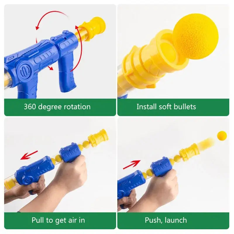 Instructions for using the air-powered duck shooting gun toy, showing 360-degree rotation, bullet installation, and launching process.