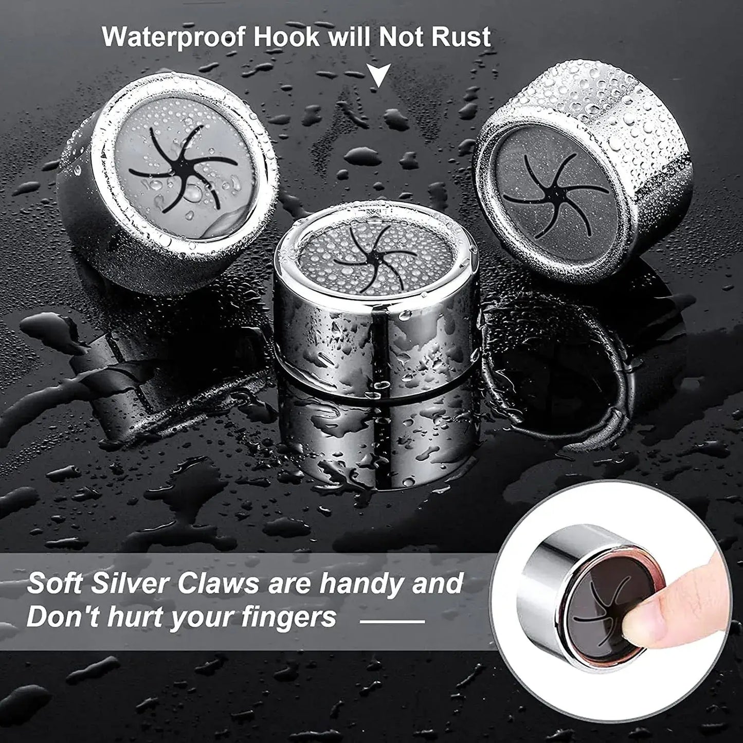Waterproof silver hooks with soft claws, rust-resistant design, ideal for secure, finger-safe usage.