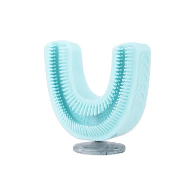 Kids U-shaped sonic toothbrush in light blue, made from food-grade silicone, designed for effective teeth cleaning.