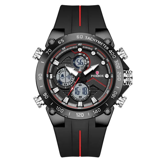 FOXBOX Luxury Men's Sport Watch with Dual Display Quartz & Digital Chronograph in black and red design.