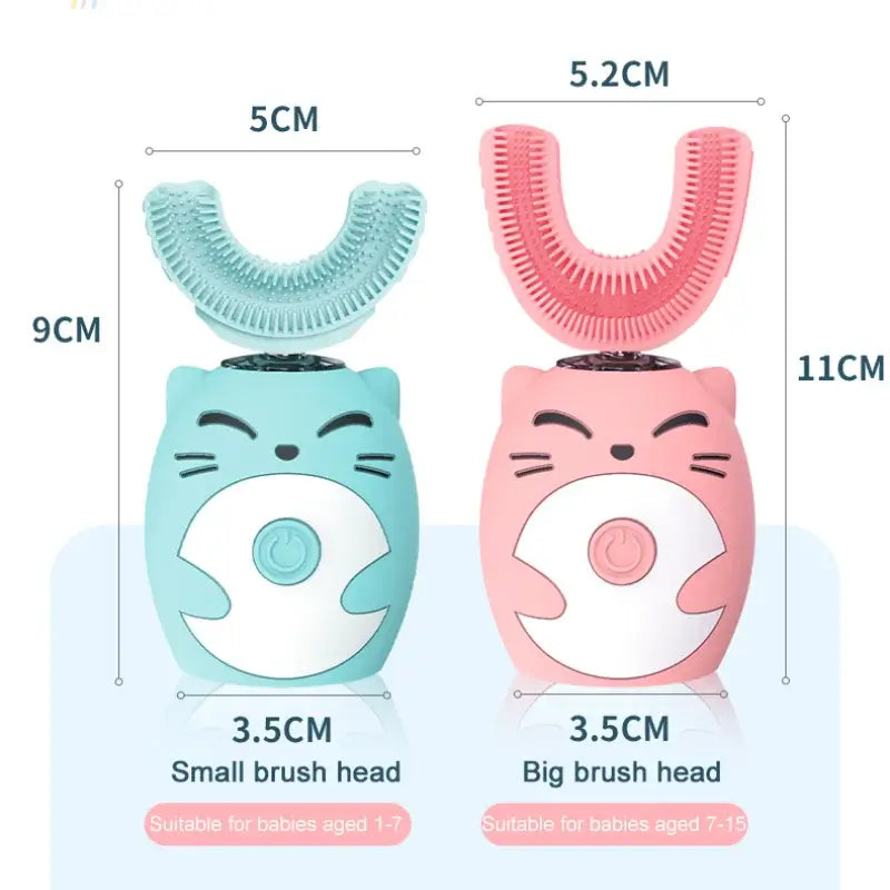 Kids U-shaped Sonic electric toothbrush set, cute designs in pink and blue for effective teeth brushing.