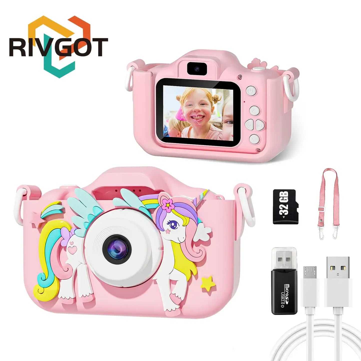 Kids mini camera with unicorn design, pink silicone case, 1080P HD, 2-inch screen, perfect for children's birthday gifts.