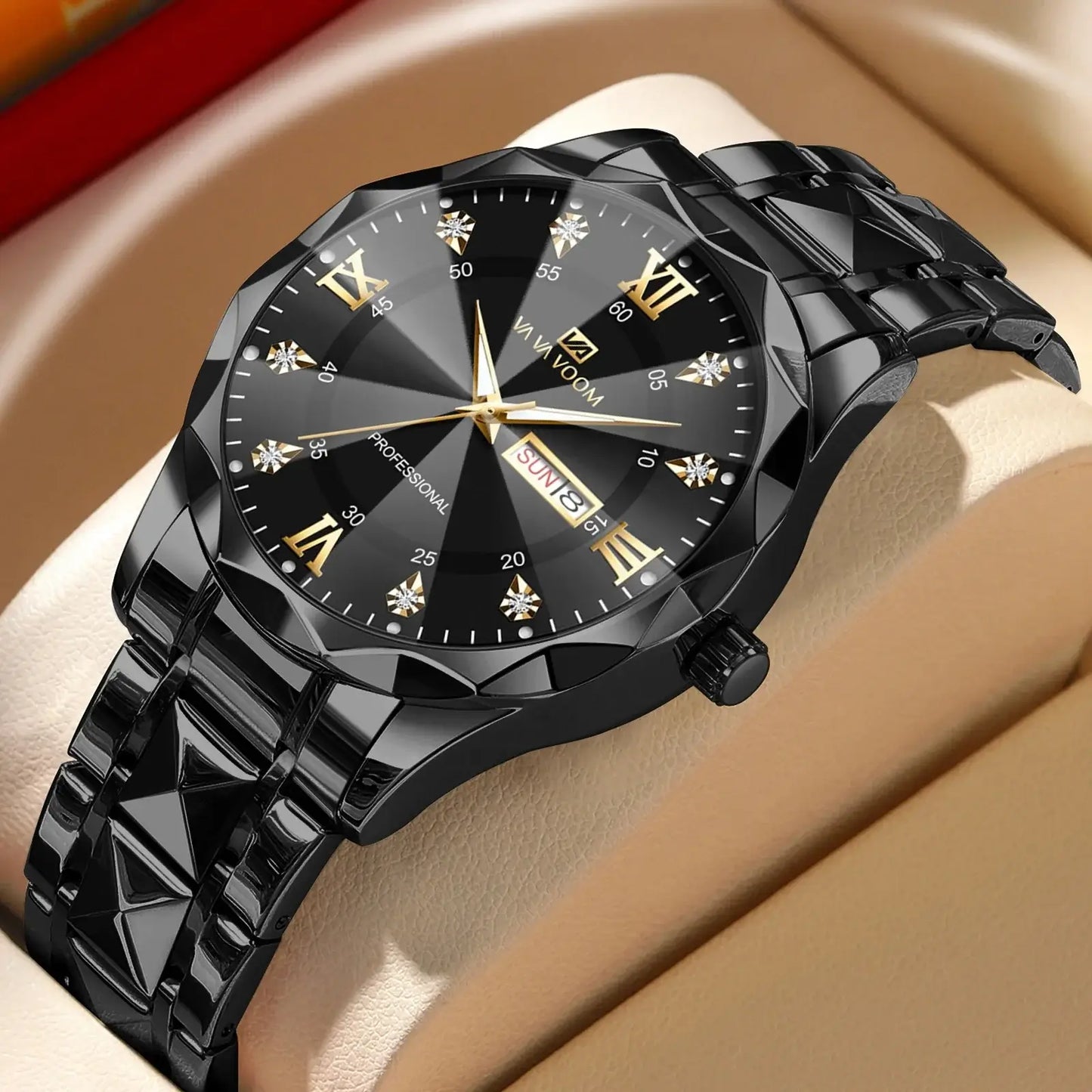 Men's luxury black watch with diamond accents and stainless steel band, elegantly displayed on a cushioned surface.