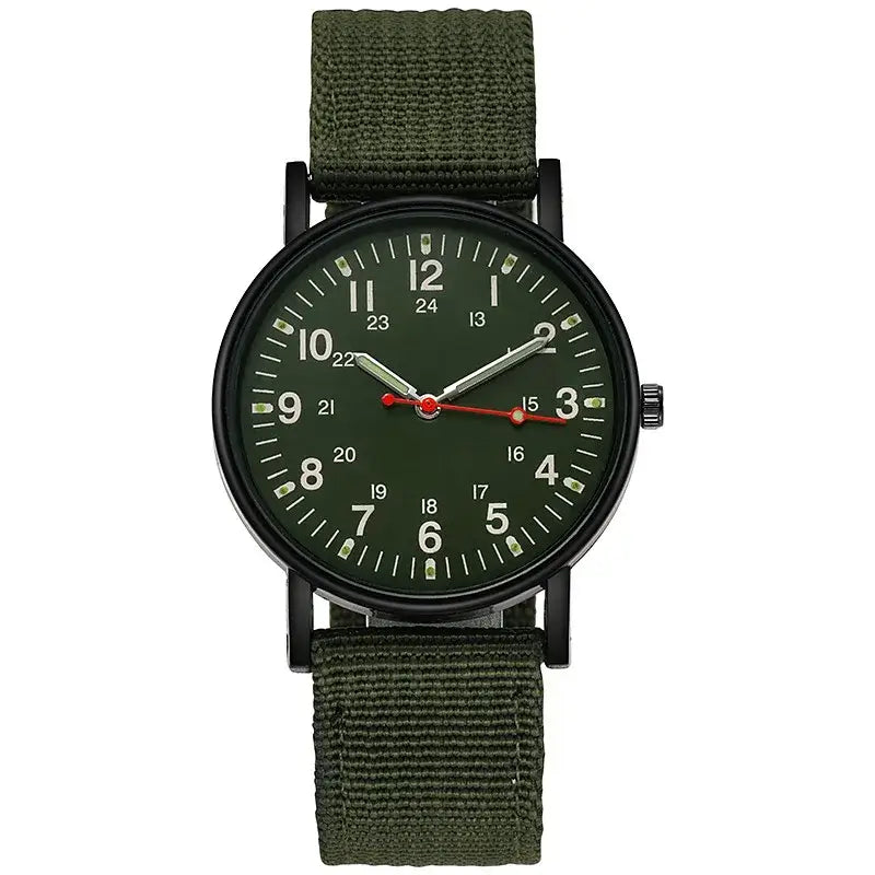 Stylish green men’s wristwatch with a big dial, featuring luminous hands and a durable fabric strap. Perfect for casual wear.