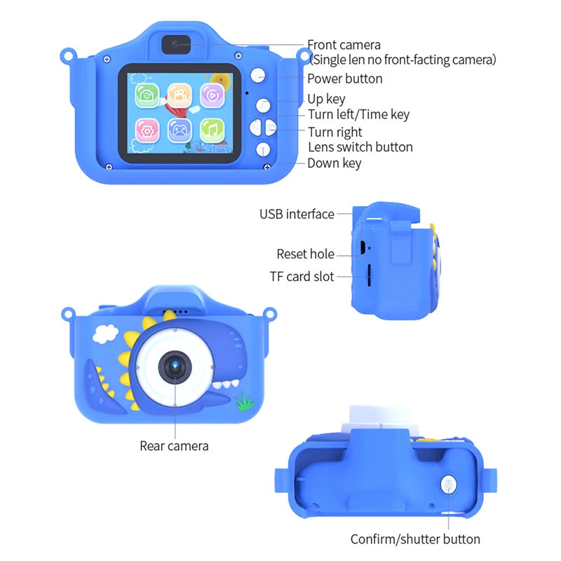 Kid mini camera features including front and rear cameras, buttons, USB interface, and silicone design for durability.