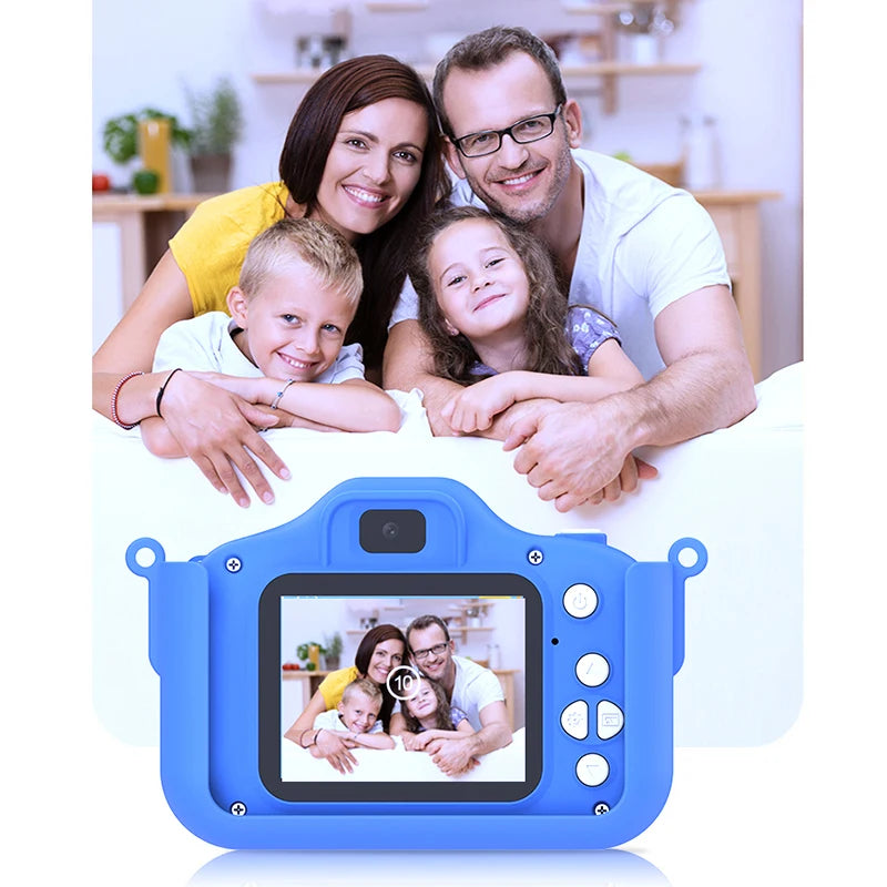 Family enjoying time together while using a kid's mini camera with a blue silicone case, capturing joyful moments.