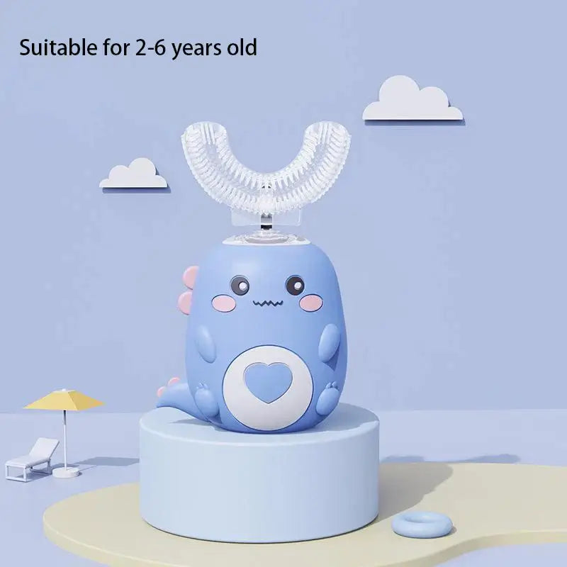 Kids U-shaped Sonic Electric Toothbrush in blue with cute cartoon design for ages 2-6, promotes healthy brushing habits.