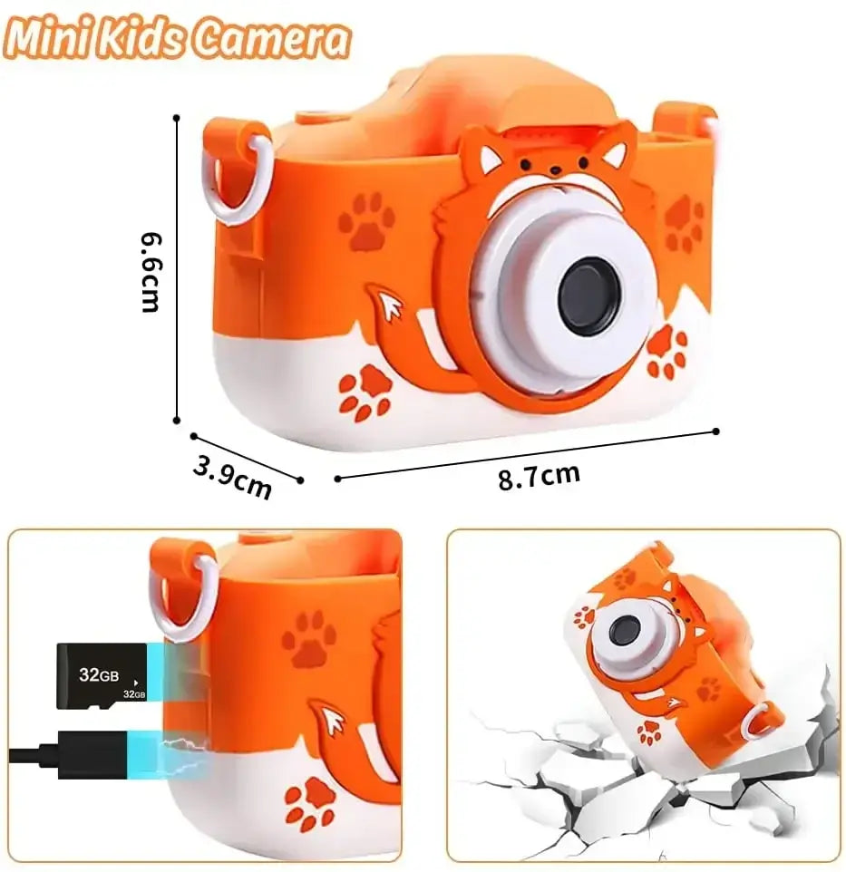 Mini kids digital camera in orange with pet design, USB charging, and shockproof silicone cover, dimensions shown.