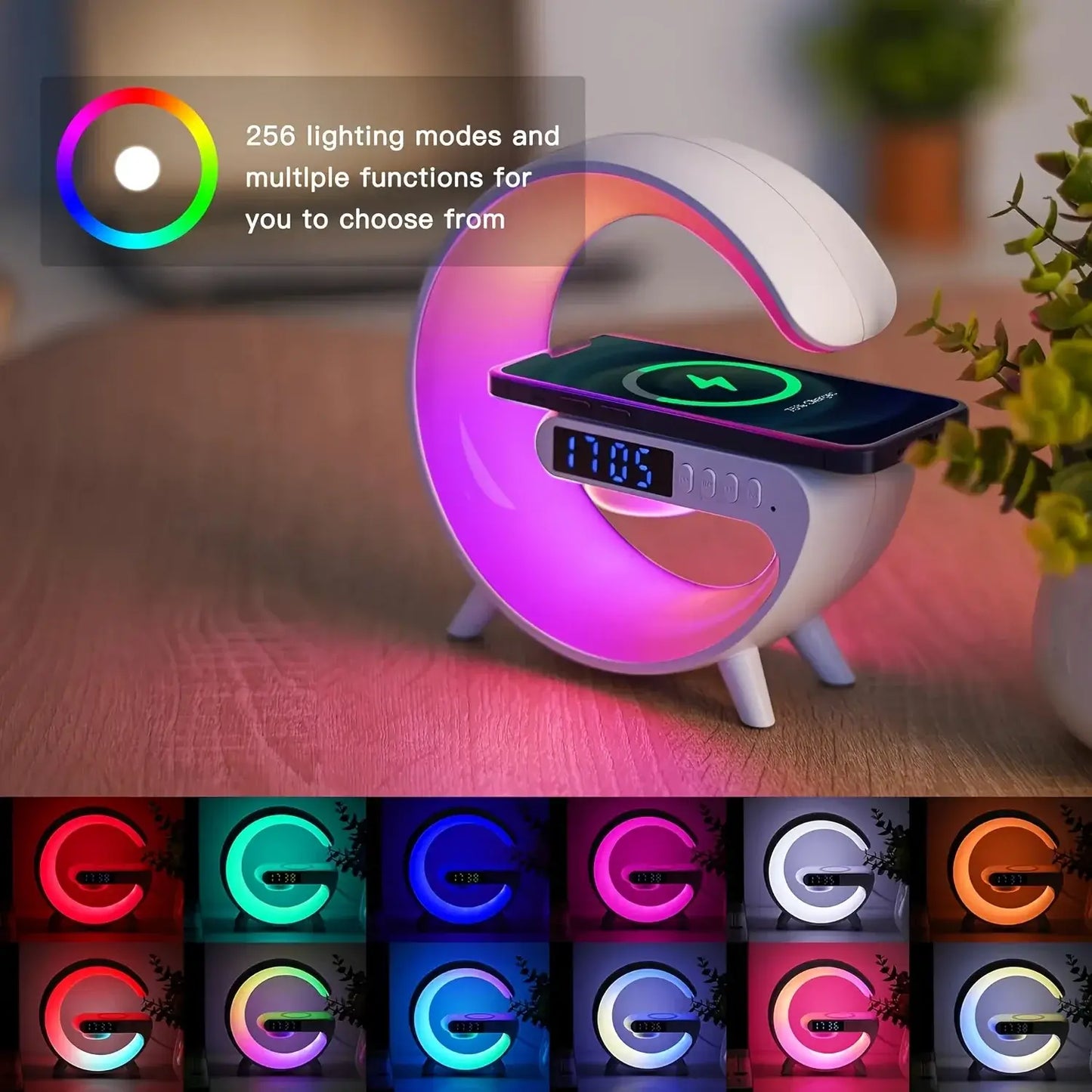 15W Wireless Charger Station Multifunction RGB Desk Lamp Alarm Clock Speaker.