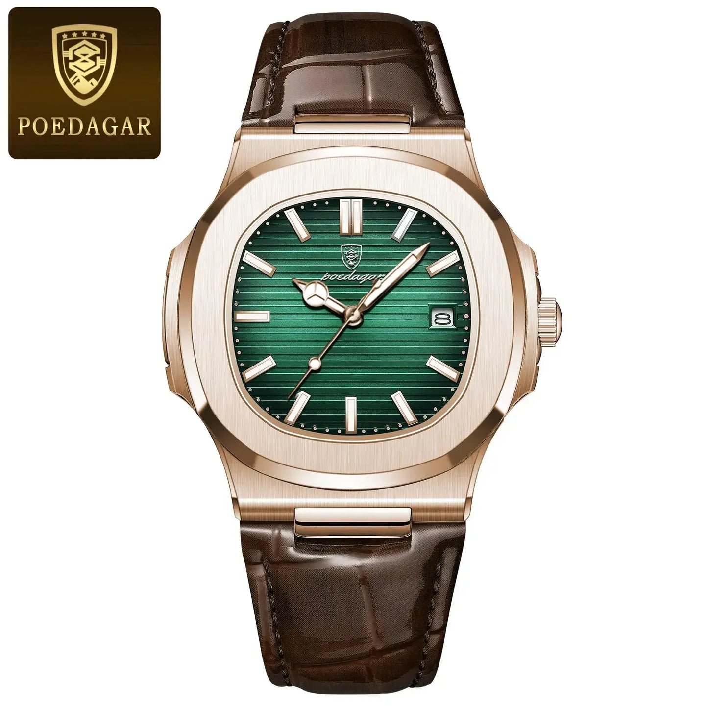 POEDAGAR luxury square men's watch with green dial, high-quality leather strap, waterproof, luminous feature, and date function.