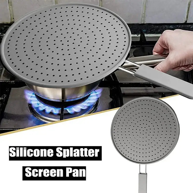 Silicone kitchen splatter screen with handle on stove preventing oil splashes, heat-resistant cover for frying pan.