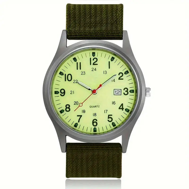 Stylish men's quartz watch with luminous hands, big dial, and olive green strap, perfect for casual and outdoor wear.