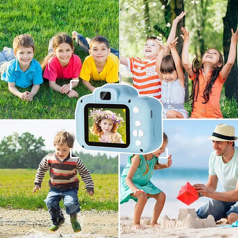 Kids enjoying outdoor activities with a mini HD digital camera; perfect for children's photography and educational play.