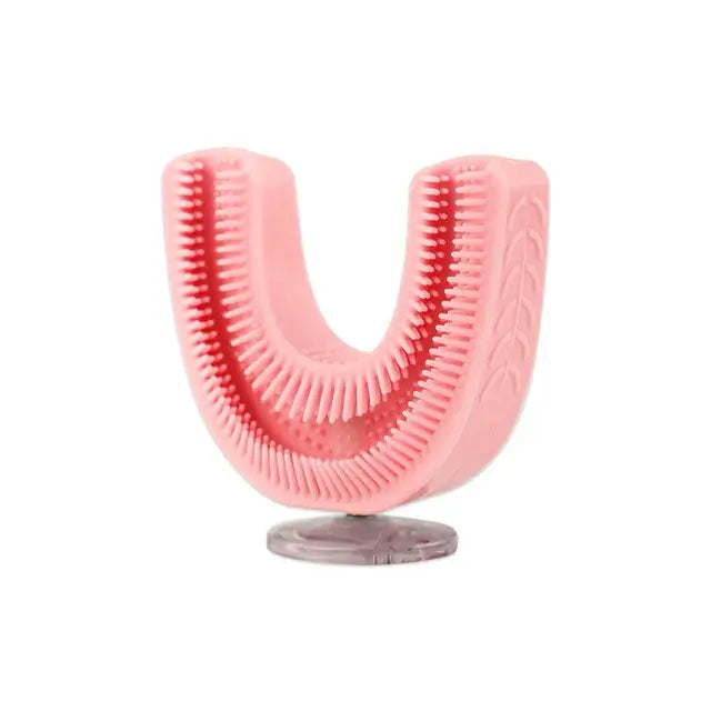 Kids U-shaped pink silicone electric toothbrush designed for effective teeth brushing and hygiene.