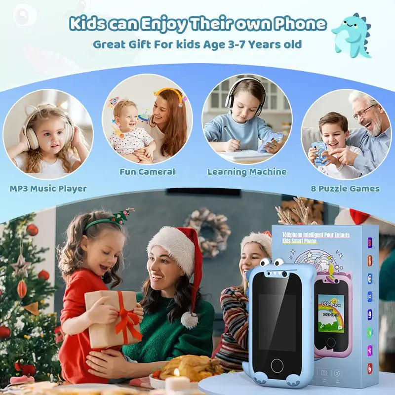 Kids enjoying interactive smartphone toy with MP3 player, fun camera, and learning games for ages 3-7. Great gift idea.