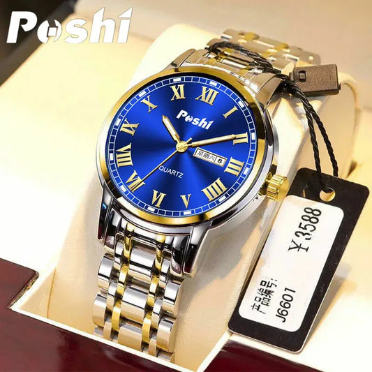 luxury waterproof men watch with blue dial and stainless steel band, showing date and week features.