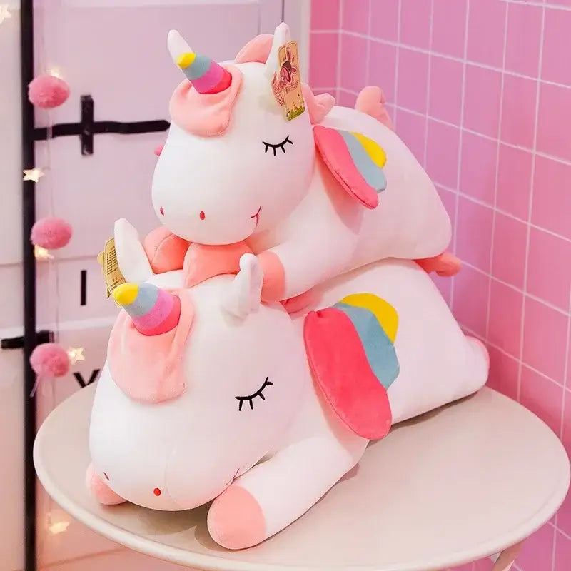 Cute stacked unicorn plush toys in pastel colors, perfect for children's gifts and huggable companions.