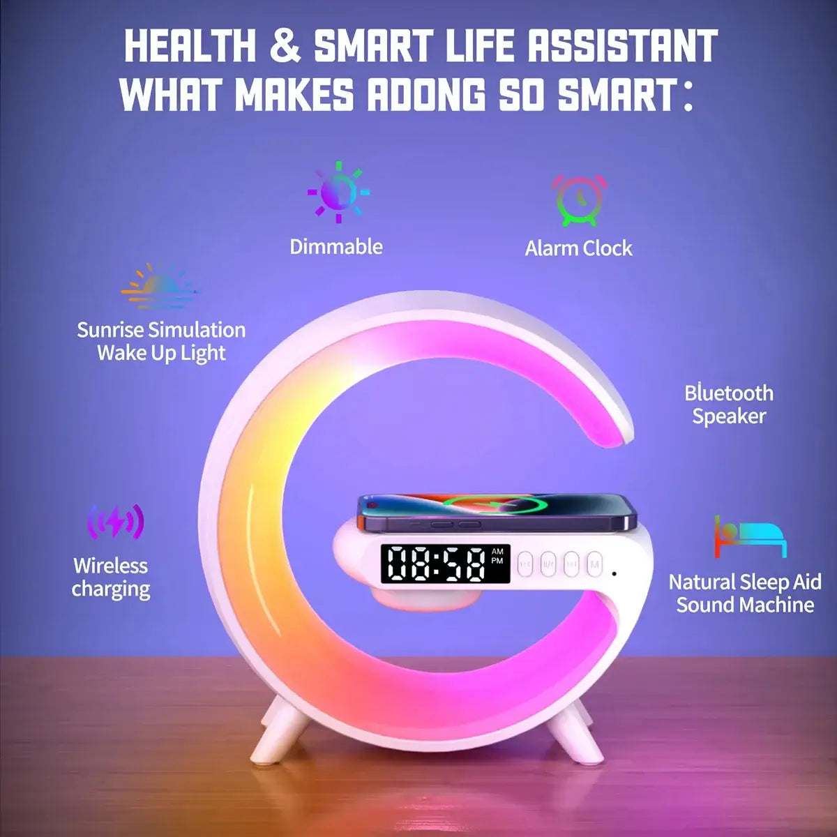 15W Wireless Charger Station Multifunction RGB Desk Lamp Alarm Clock Speaker.